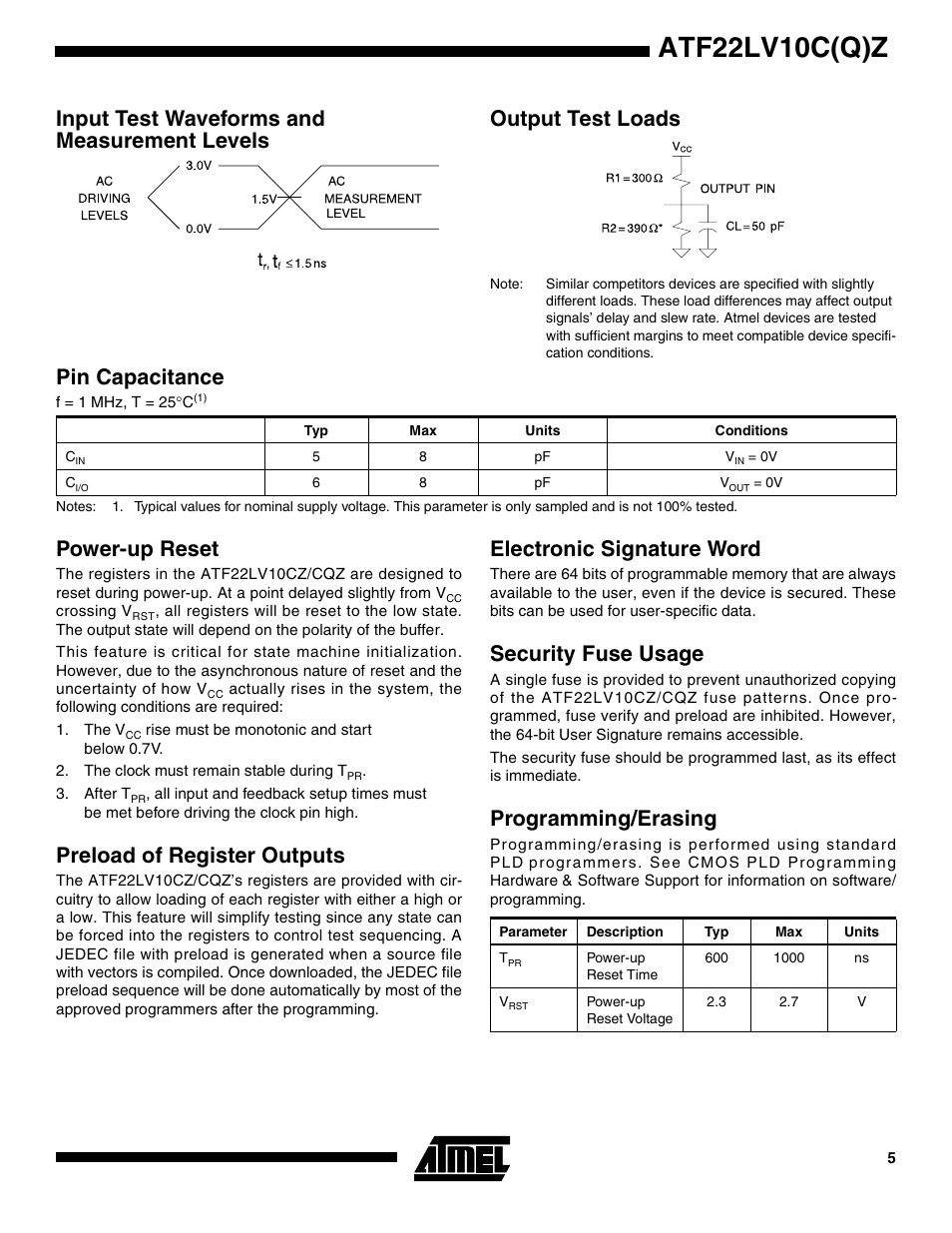 Input test waveforms and measurement levels, Output test loads, Pin capacitance | Power-up reset, Preload of register outputs, Electronic signature word, Security fuse usage, Programming/erasing, Atf22lv10c(q)z | Rainbow Electronics ATF22LV10CQZ User Manual | Page 5 / 13