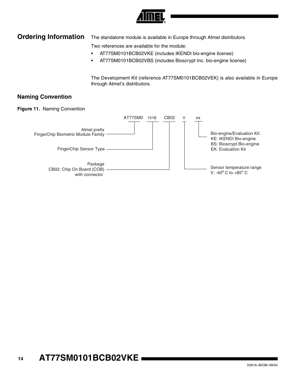 Ordering information, Naming convention | Rainbow Electronics AT77SM0101BCB02VKE User Manual | Page 14 / 15