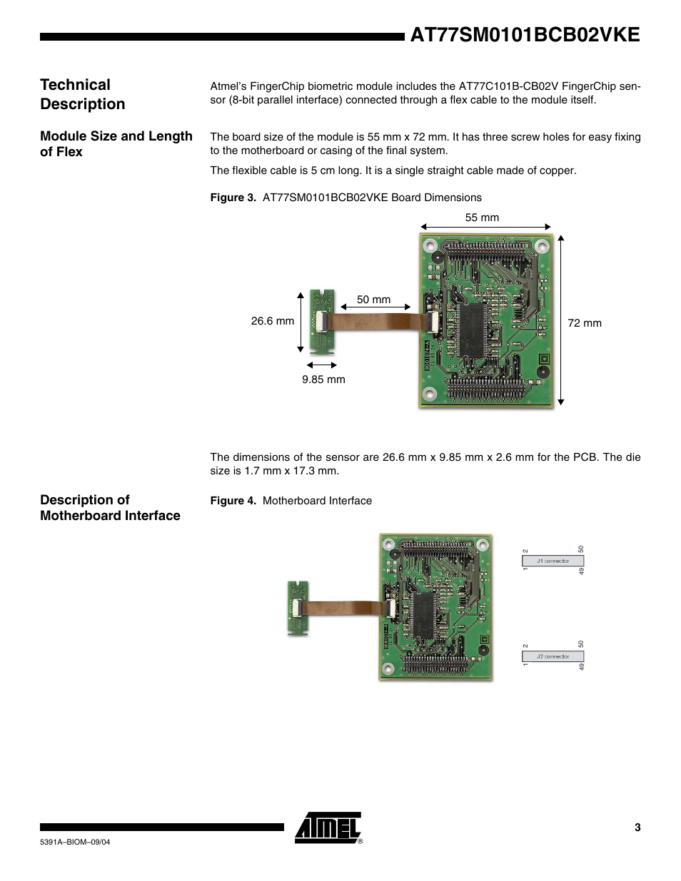 Technical description, Module size and length of flex, Description of motherboard interface | Rainbow Electronics AT77SM0101BCB02VKE User Manual | Page 3 / 15