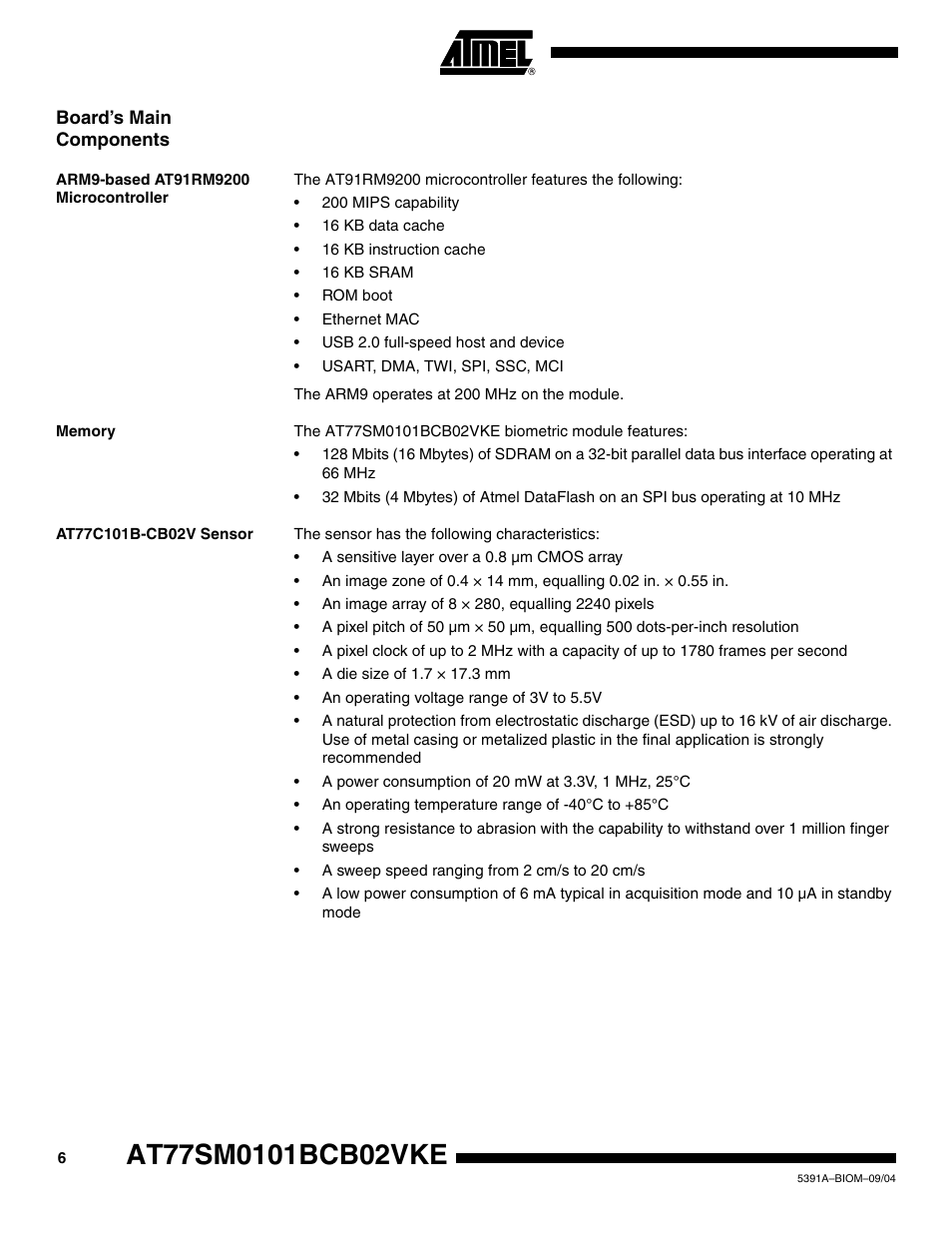 Board’s main components, Arm9-based at91rm9200 microcontroller, Memory | At77c101b-cb02v sensor | Rainbow Electronics AT77SM0101BCB02VKE User Manual | Page 6 / 15