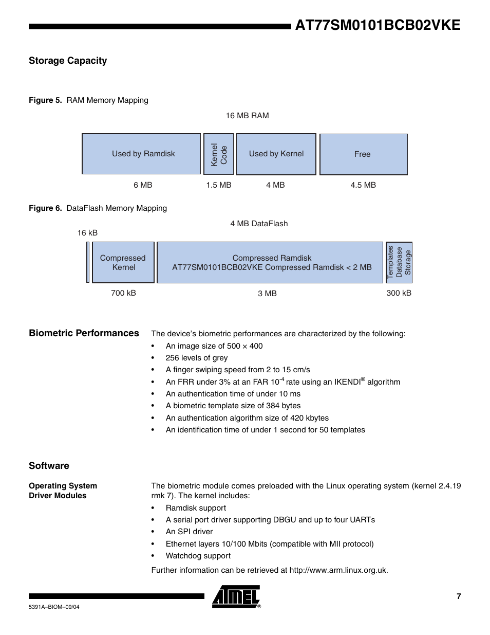 Storage capacity, Biometric performances, Software | Operating system driver modules | Rainbow Electronics AT77SM0101BCB02VKE User Manual | Page 7 / 15