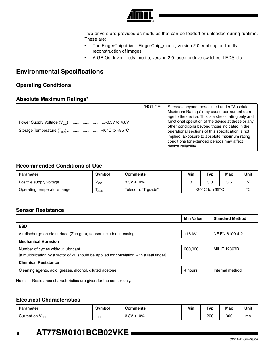 Environmental specifications, Operating conditions, Recommended conditions of use | Sensor resistance, Electrical characteristics, Absolute maximum ratings | Rainbow Electronics AT77SM0101BCB02VKE User Manual | Page 8 / 15
