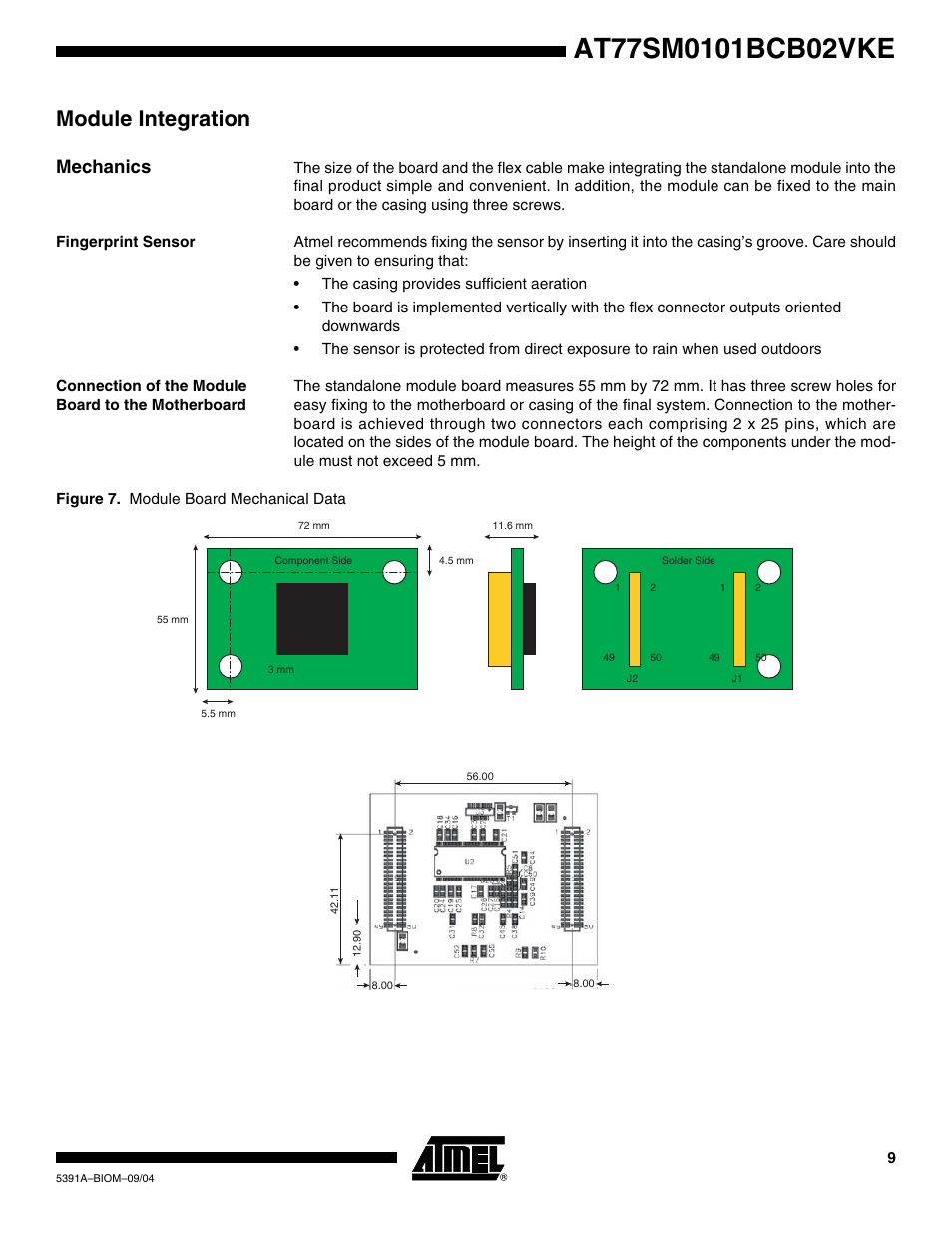 Module integration, Mechanics, Fingerprint sensor | Connection of the module board to the motherboard | Rainbow Electronics AT77SM0101BCB02VKE User Manual | Page 9 / 15