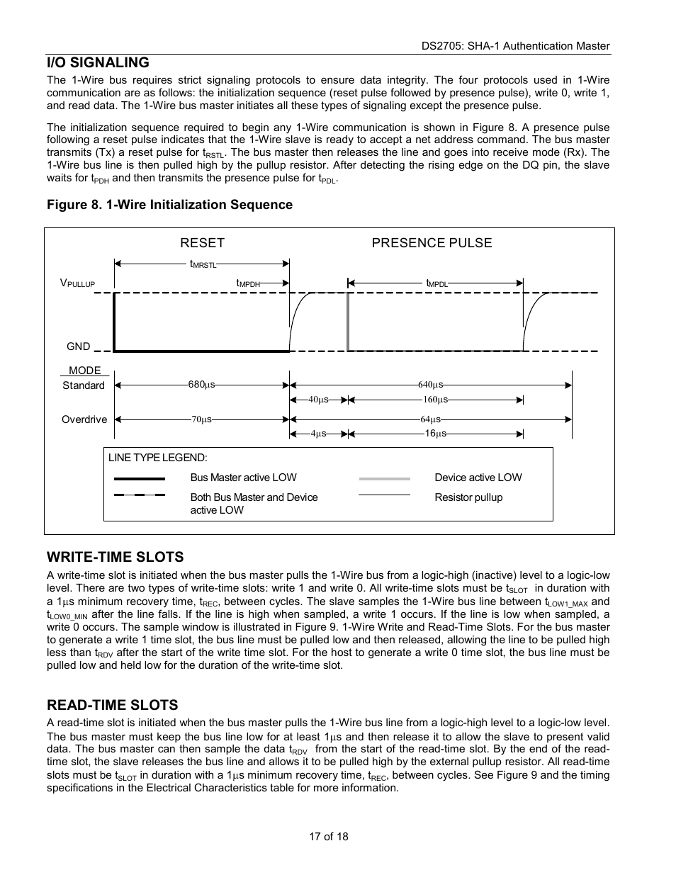 I/o signaling, Write-time slots, Read-time slots | Figure 8. 1-wire initialization sequence, Reset presence pulse | Rainbow Electronics DS2705 User Manual | Page 17 / 18