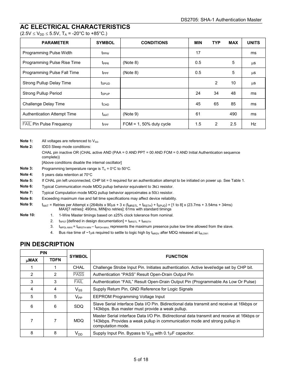 Ac electrical characteristics, Pin description | Rainbow Electronics DS2705 User Manual | Page 5 / 18
