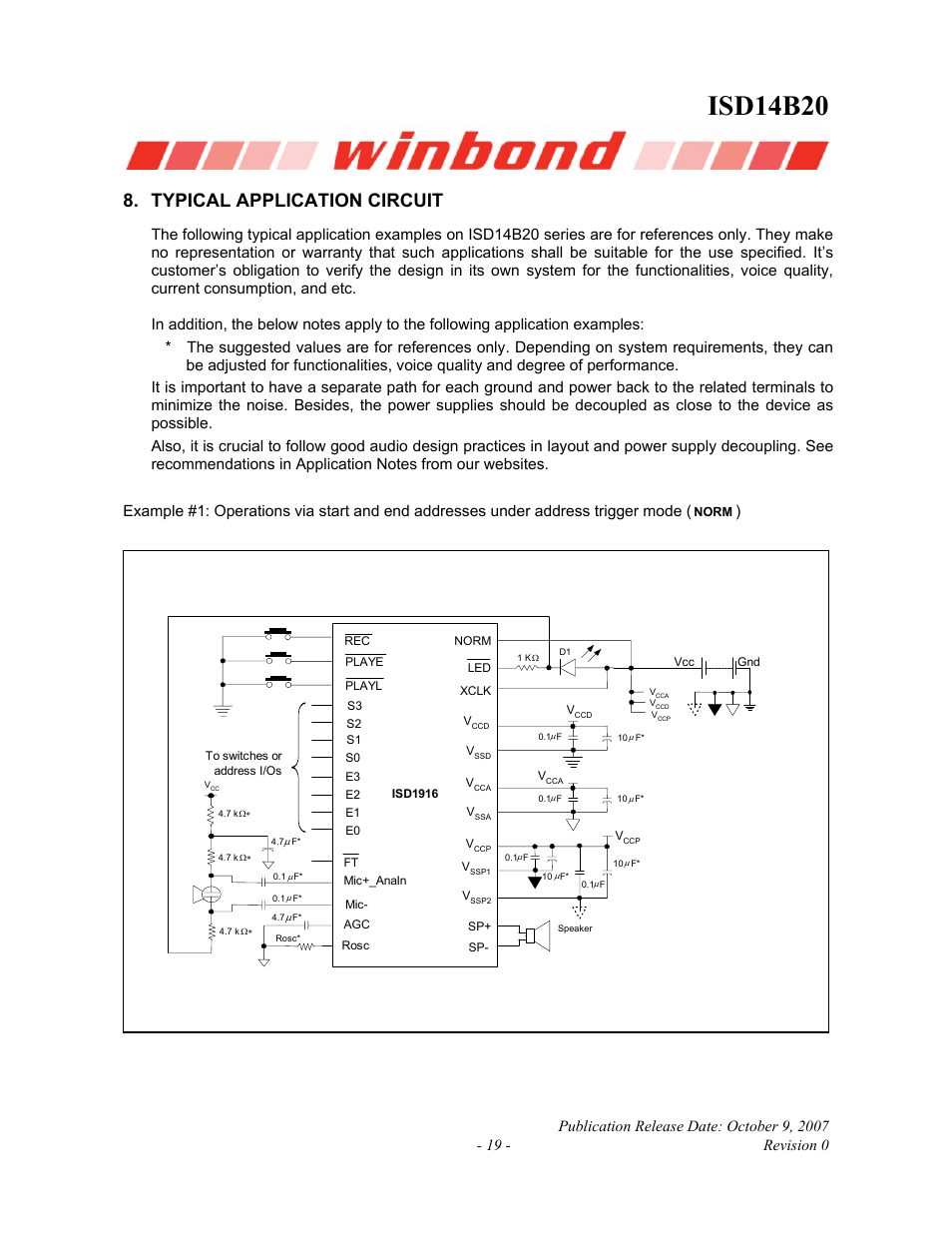 Typical application circuit, Isd14b20 | Rainbow Electronics ISD14B20 User Manual | Page 19 / 24