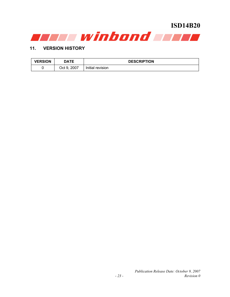 Version history, Isd14b20 | Rainbow Electronics ISD14B20 User Manual | Page 23 / 24