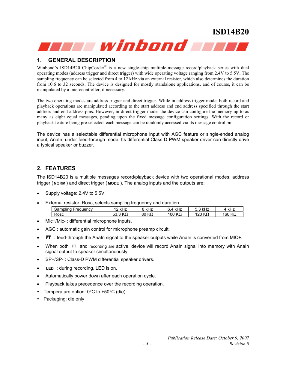 General description, Features, Isd14b20 | Rainbow Electronics ISD14B20 User Manual | Page 3 / 24