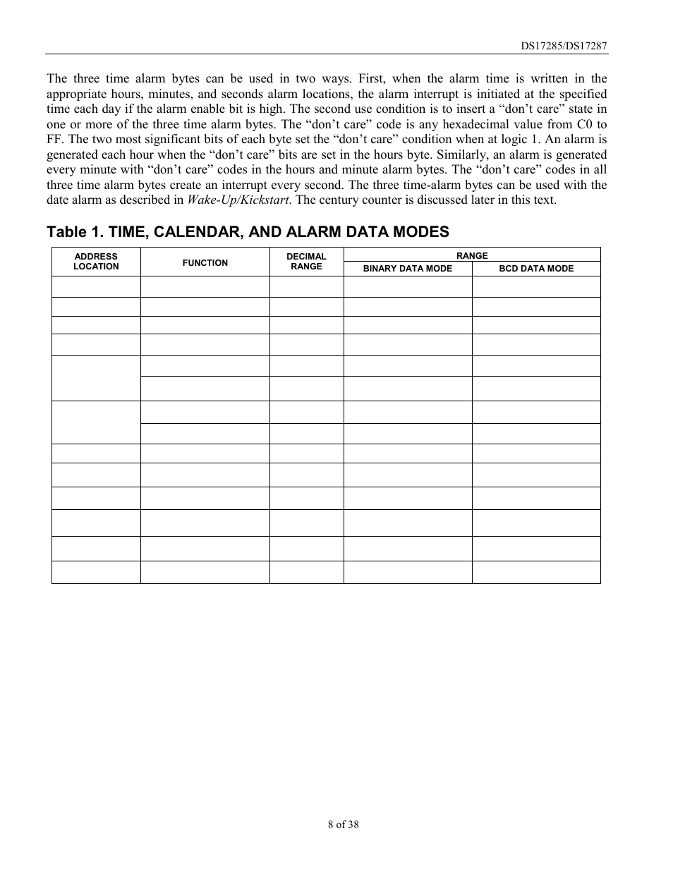 Table 1. time, calendar, and alarm data modes | Rainbow Electronics DS17287 User Manual | Page 8 / 38