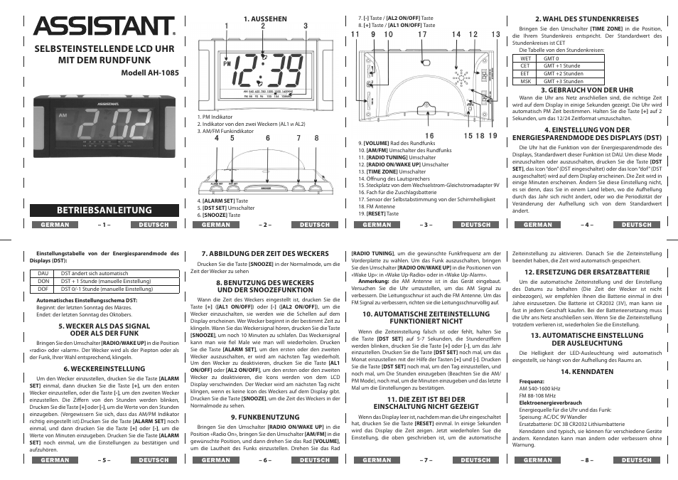 Selbsteinstellende lcd uhr mit dem rundfunk, Betriebsanleitung | ASSISTANT AH-1085 User Manual | Page 2 / 4