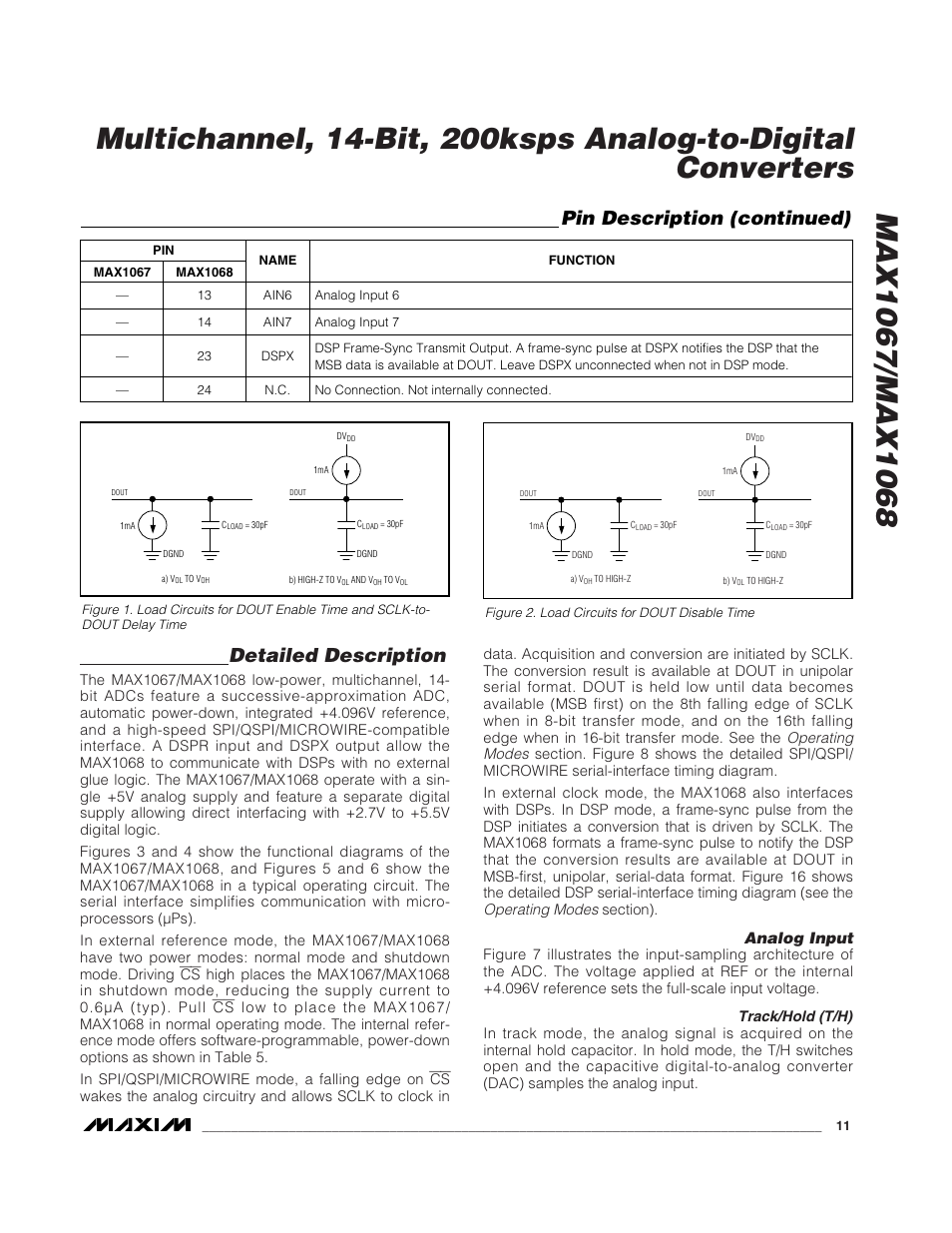 Detailed description, Pin description (continued), Analog input | Rainbow Electronics MAX1068 User Manual | Page 11 / 30