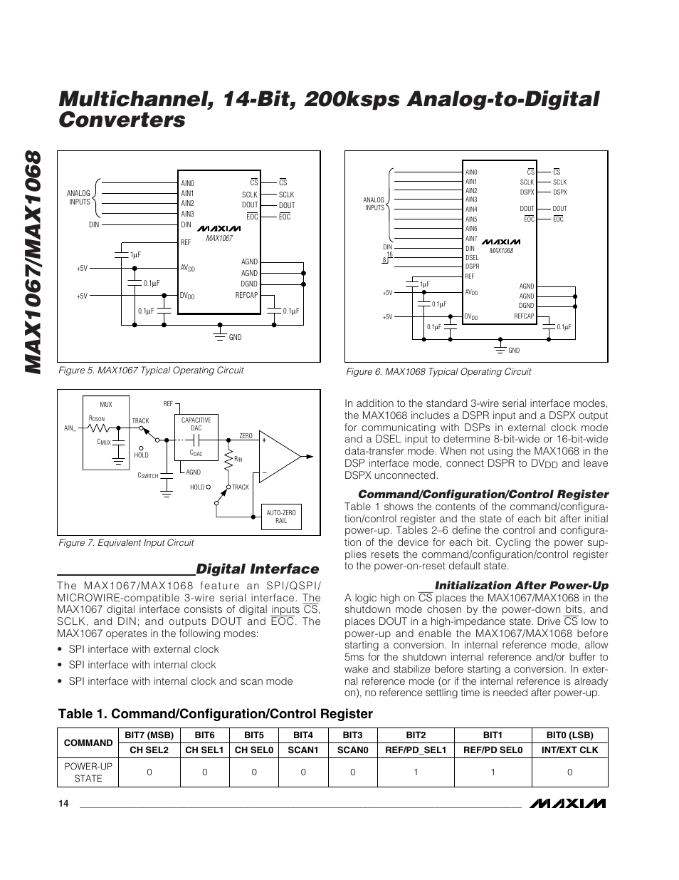 Digital interface, Table 1. command/configuration/control register, Command/configuration/control register | Initialization after power-up | Rainbow Electronics MAX1068 User Manual | Page 14 / 30