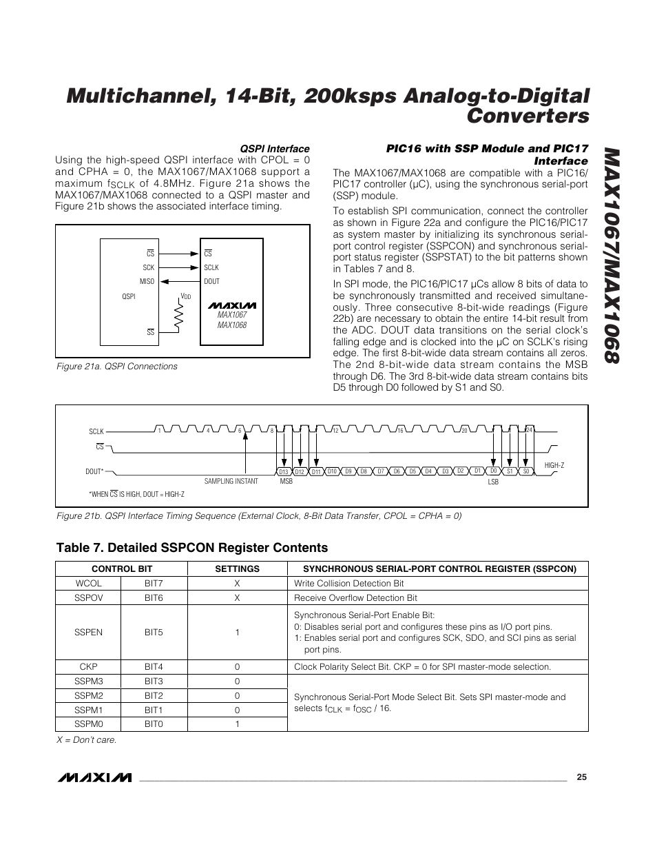 Table 7. detailed sspcon register contents, Pic16 with ssp module and pic17 interface | Rainbow Electronics MAX1068 User Manual | Page 25 / 30