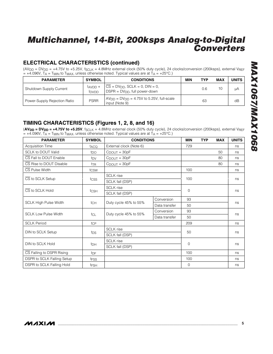 Electrical characteristics (continued) | Rainbow Electronics MAX1068 User Manual | Page 5 / 30