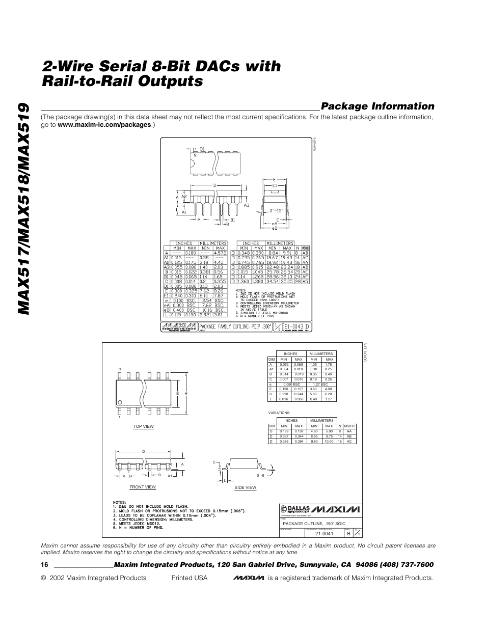 Package information | Rainbow Electronics MAX518 User Manual | Page 16 / 16