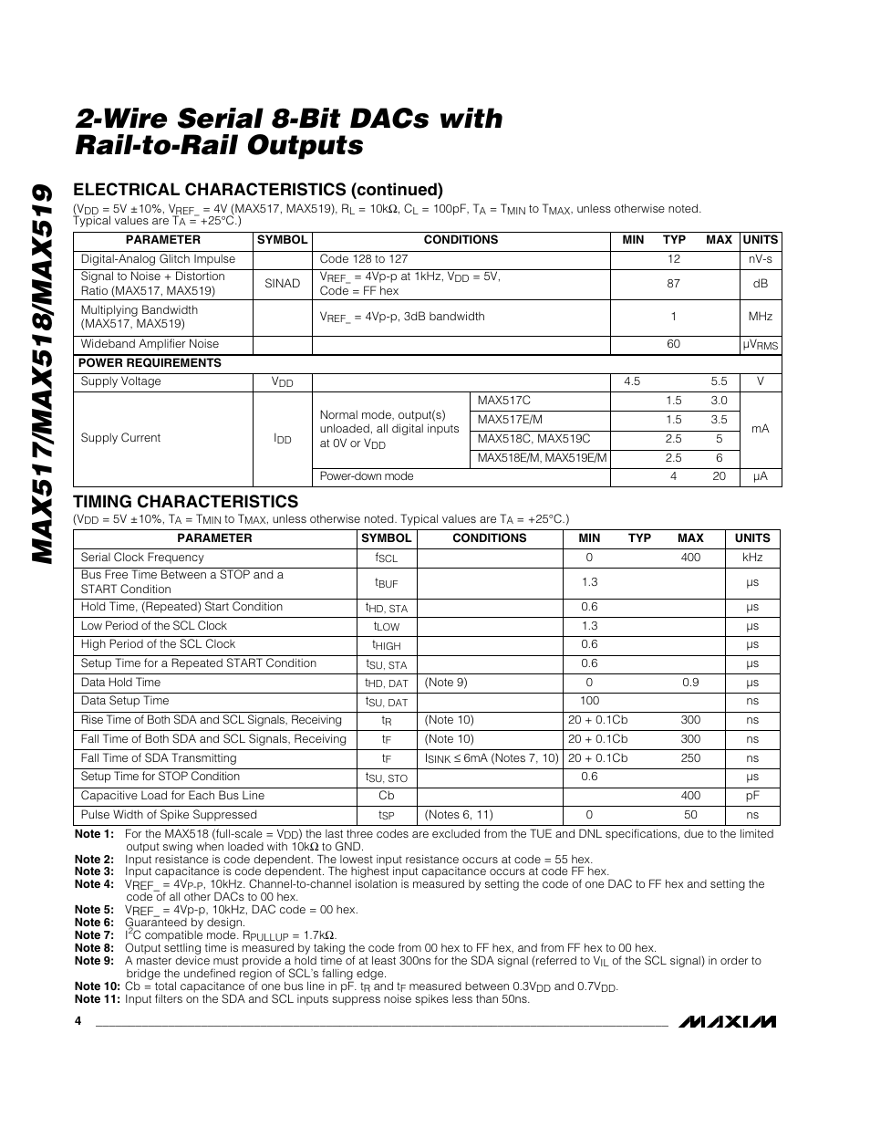 Timing characteristics, Electrical characteristics (continued) | Rainbow Electronics MAX518 User Manual | Page 4 / 16