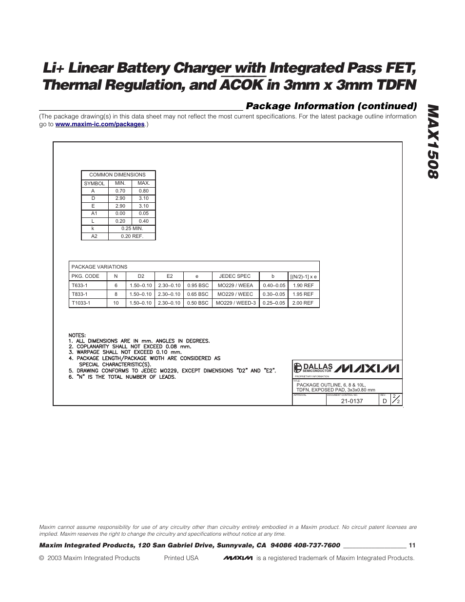 Acok, Package information (continued) | Rainbow Electronics MAX1508 User Manual | Page 11 / 11