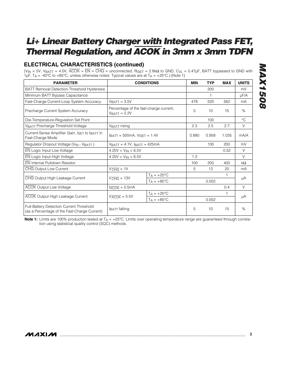 Acok, Electrical characteristics (continued) | Rainbow Electronics MAX1508 User Manual | Page 3 / 11