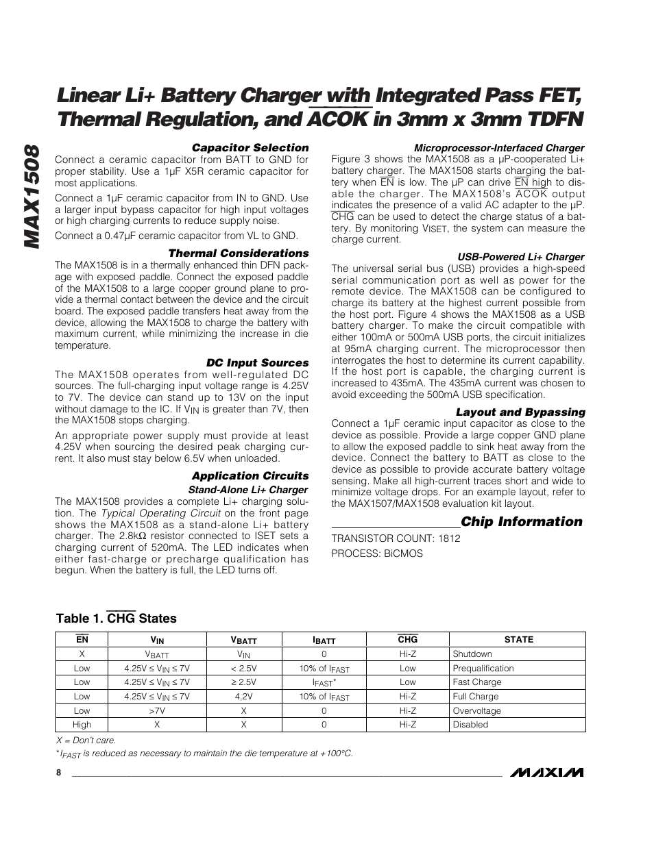 Acok, Chip information, Table 1. chg states | Rainbow Electronics MAX1508 User Manual | Page 8 / 11