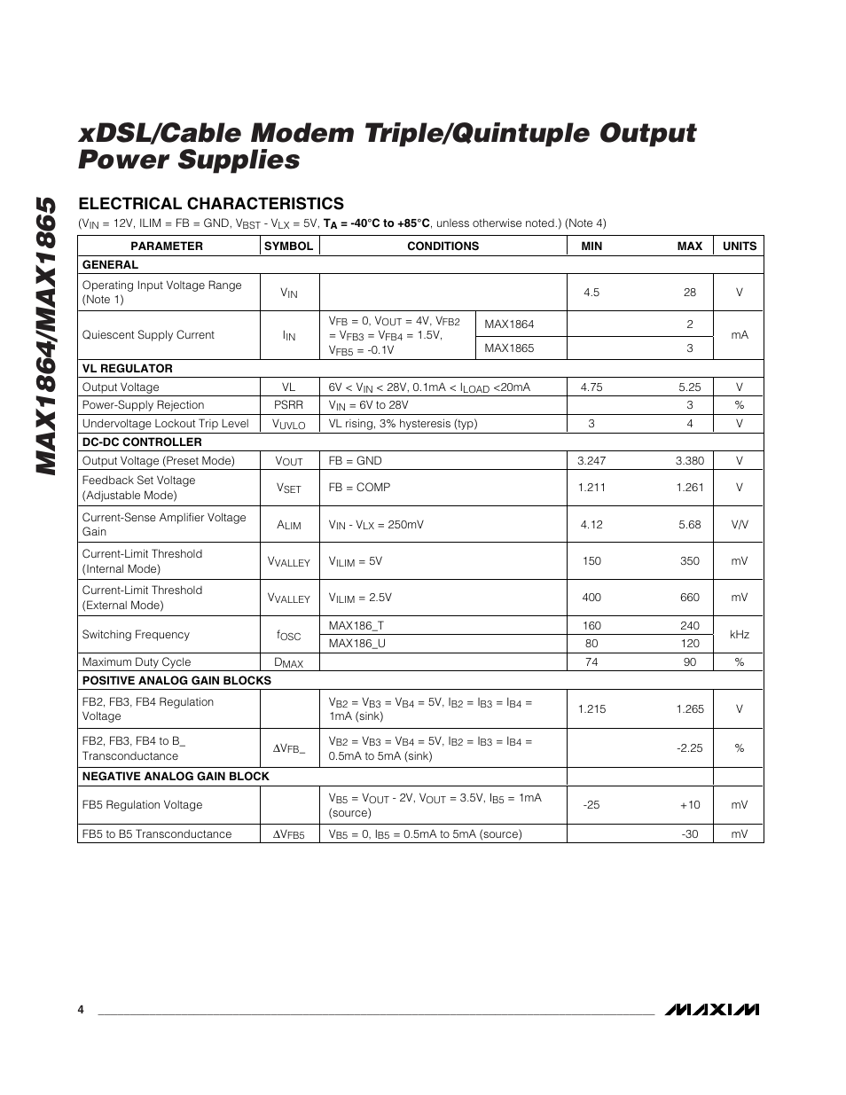 Electrical characteristics | Rainbow Electronics MAX1865 User Manual | Page 4 / 25