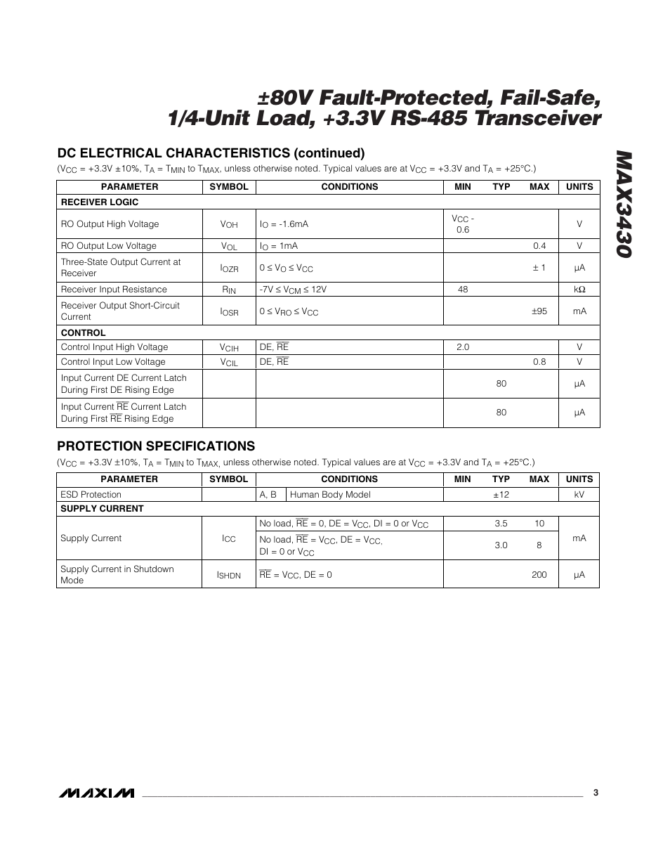 Dc electrical characteristics (continued), Protection specifications | Rainbow Electronics MAX3430 User Manual | Page 3 / 13