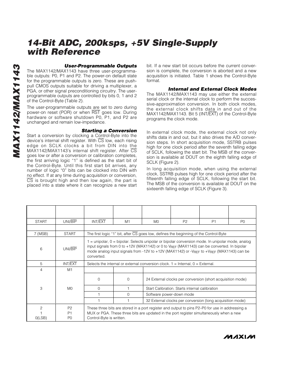 Table 1. control-byte format | Rainbow Electronics MAX1143 User Manual | Page 10 / 20