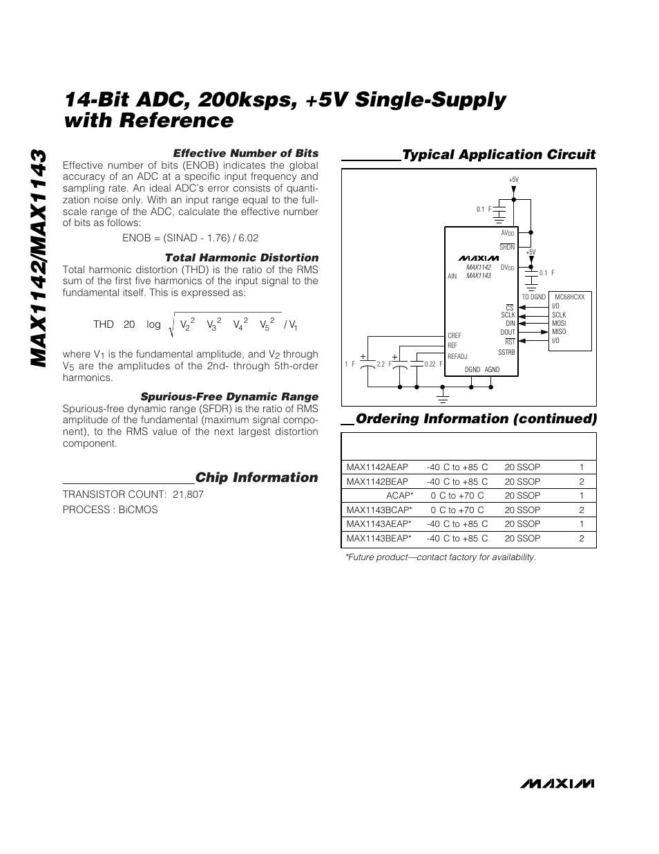 Chip information, Ordering information (continued), Typical application circuit | Effective number of bits, Total harmonic distortion, Spurious-free dynamic range | Rainbow Electronics MAX1143 User Manual | Page 18 / 20