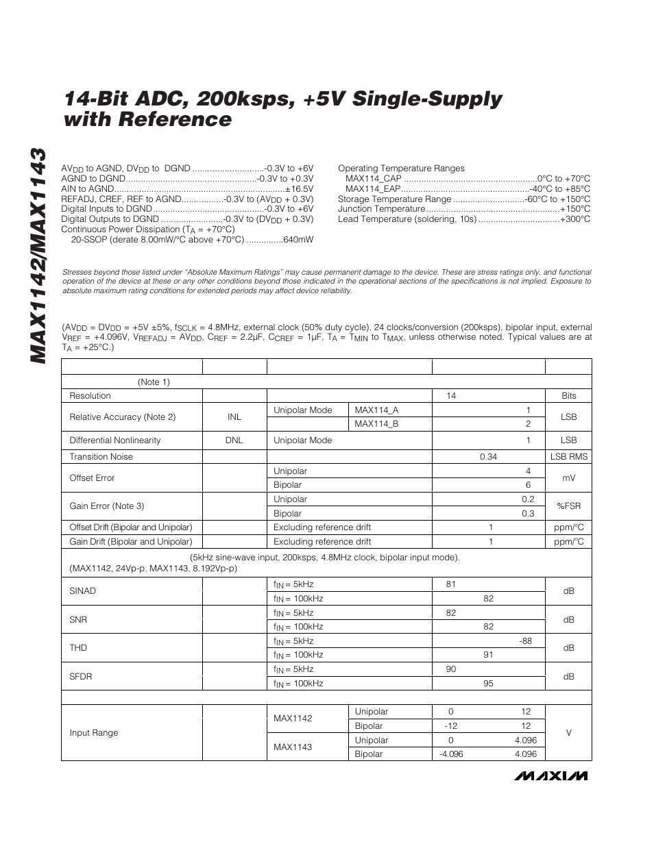 Absolute maximum ratings, Electrical characteristics | Rainbow Electronics MAX1143 User Manual | Page 2 / 20