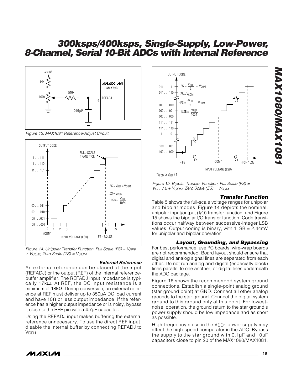 Transfer function, Layout, grounding, and bypassing | Rainbow Electronics MAX1081 User Manual | Page 19 / 24