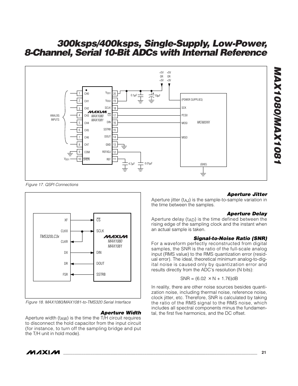 Aperture width, Aperture jitter, Aperture delay | Signal-to-noise ratio (snr) | Rainbow Electronics MAX1081 User Manual | Page 21 / 24