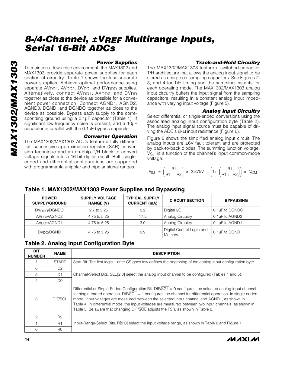 /4-channel, ±v, Multirange inputs, serial 16-bit adcs, Table 2. analog input configuration byte | Rainbow Electronics MAX1303 User Manual | Page 14 / 31