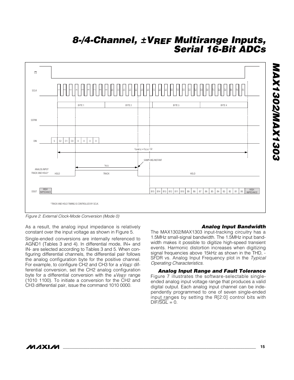 Multirange inputs, serial 16-bit adcs, Analog input bandwidth, Analog input range and fault tolerance | Figure 2. external clock-mode conversion (mode 0) | Rainbow Electronics MAX1303 User Manual | Page 15 / 31