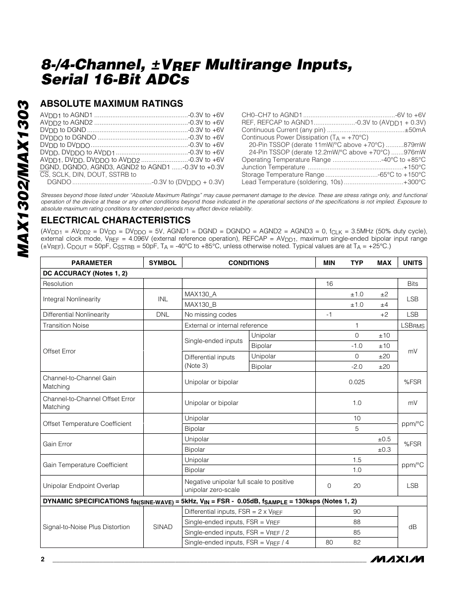 Multirange inputs, serial 16-bit adcs | Rainbow Electronics MAX1303 User Manual | Page 2 / 31