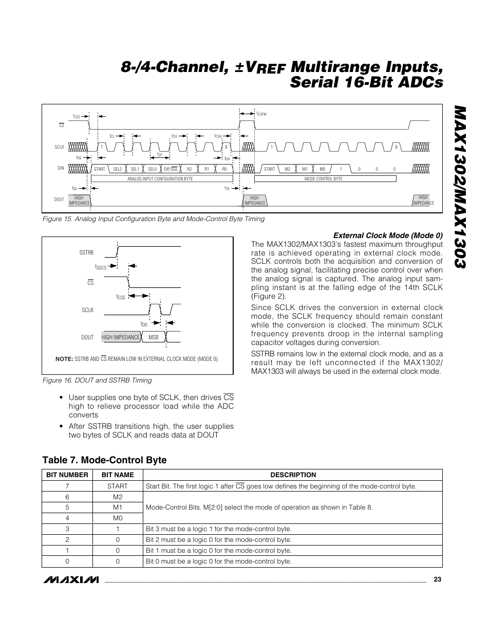 Multirange inputs, serial 16-bit adcs, Table 7. mode-control byte | Rainbow Electronics MAX1303 User Manual | Page 23 / 31