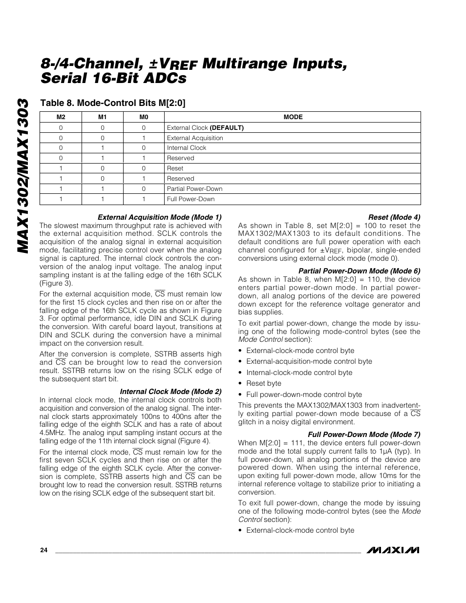 /4-channel, ±v, Multirange inputs, serial 16-bit adcs, Table 8. mode-control bits m[2:0 | Rainbow Electronics MAX1303 User Manual | Page 24 / 31