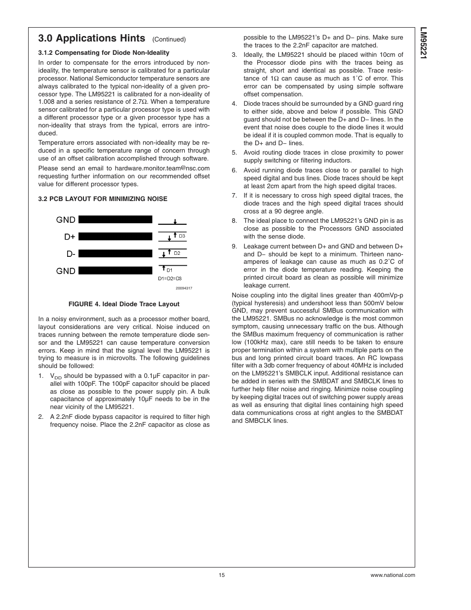 2 compensating for diode non-ideality, 2 pcb layout for minimizing noise, Figure 4. ideal diode trace layout | 0 applications hints | Rainbow Electronics LM95221 User Manual | Page 15 / 16