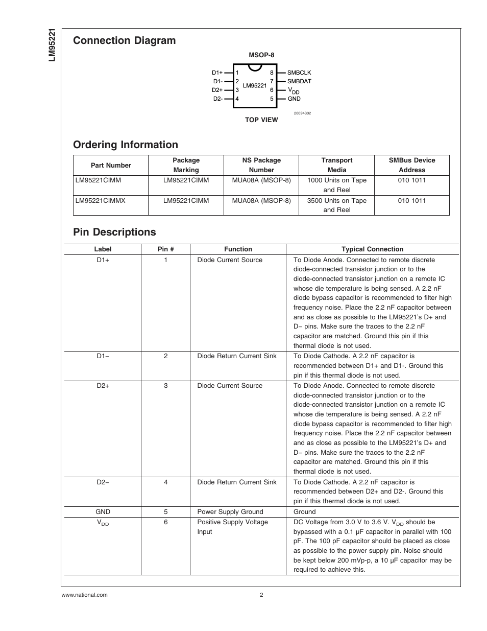 Connection diagram, Ordering information, Pin descriptions | Rainbow Electronics LM95221 User Manual | Page 2 / 16