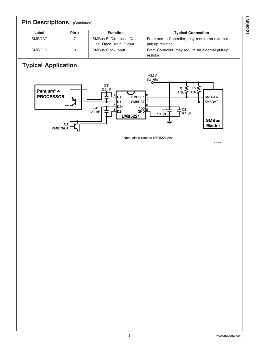 Typical application, Pin descriptions | Rainbow Electronics LM95221 User Manual | Page 3 / 16