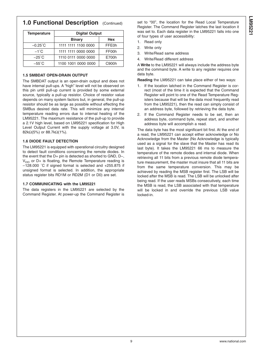 5 smbdat open-drain output, 6 diode fault detection, 7 communicating with the lm95221 | 0 functional description | Rainbow Electronics LM95221 User Manual | Page 9 / 16