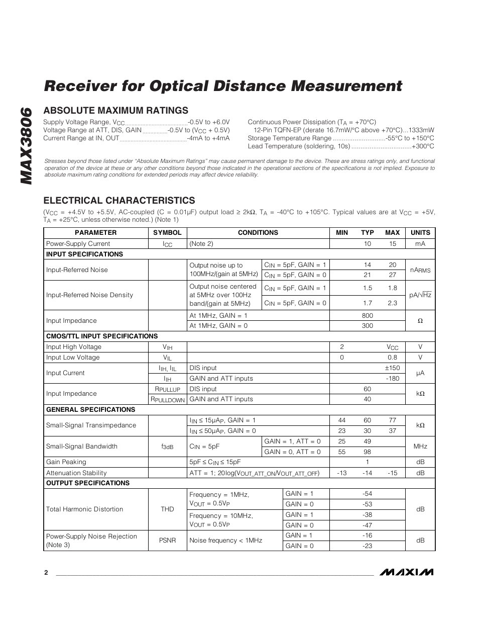Max3806 receiver for optical distance measurement | Rainbow Electronics MAX3806 User Manual | Page 2 / 9