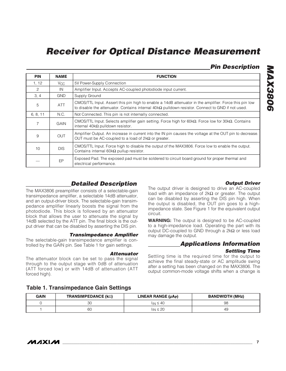 Max3806 receiver for optical distance measurement, Detailed description, Applications information | Pin description, Table 1. transimpedance gain settings | Rainbow Electronics MAX3806 User Manual | Page 7 / 9