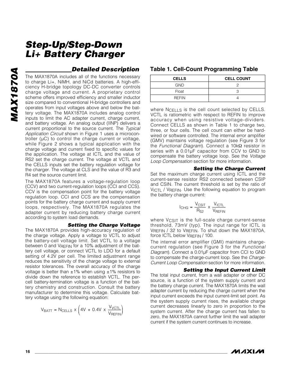 Max1870a step-up/step-down li+ battery charger, Detailed description, Table 1. cell-count programming table | Rainbow Electronics MAX1870A User Manual | Page 16 / 32