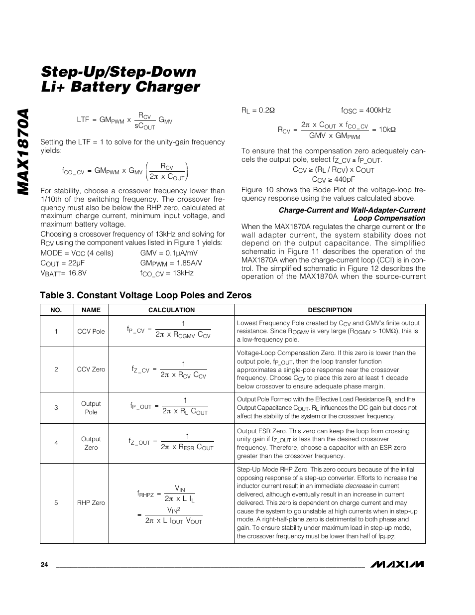 Max1870a step-up/step-down li+ battery charger, Table 3. constant voltage loop poles and zeros | Rainbow Electronics MAX1870A User Manual | Page 24 / 32