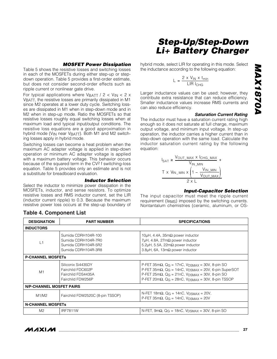 Max1870a step-up/step-down li+ battery charger, Table 4. component list | Rainbow Electronics MAX1870A User Manual | Page 27 / 32