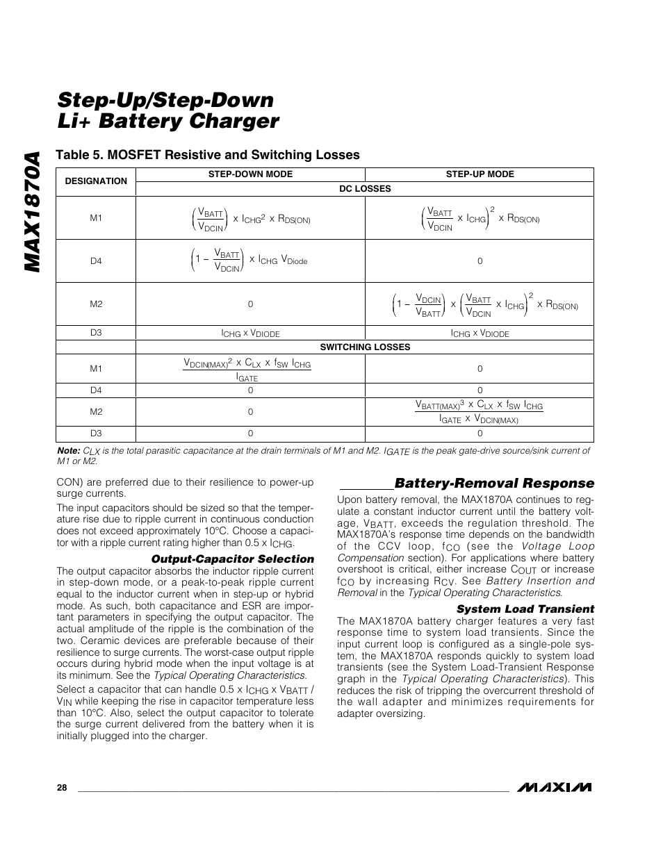 Max1870a step-up/step-down li+ battery charger, Battery-removal response, Table 5. mosfet resistive and switching losses | Rainbow Electronics MAX1870A User Manual | Page 28 / 32