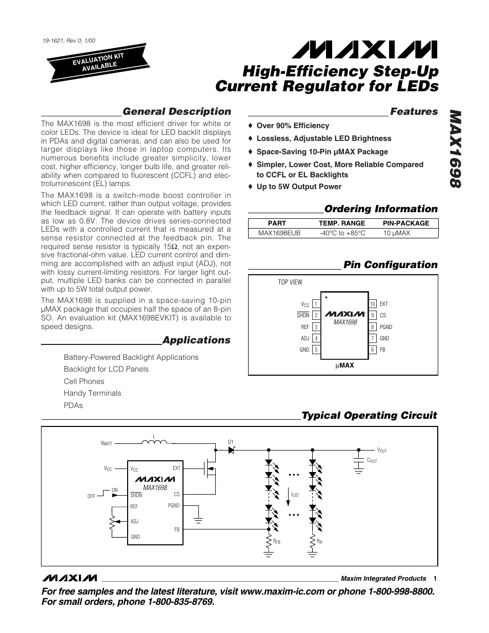 Rainbow Electronics MAX1698 User Manual | 8 pages
