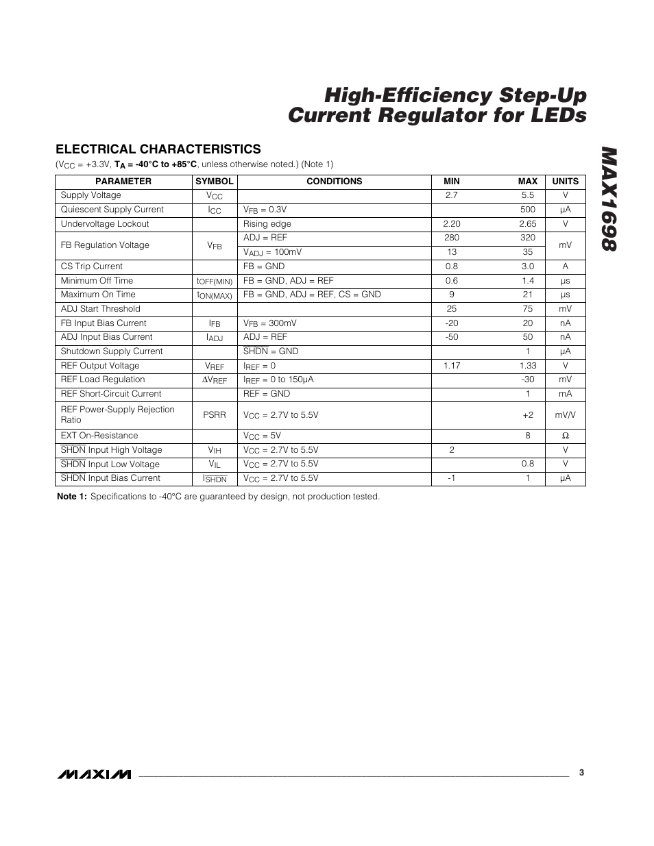 Electrical characteristics | Rainbow Electronics MAX1698 User Manual | Page 3 / 8