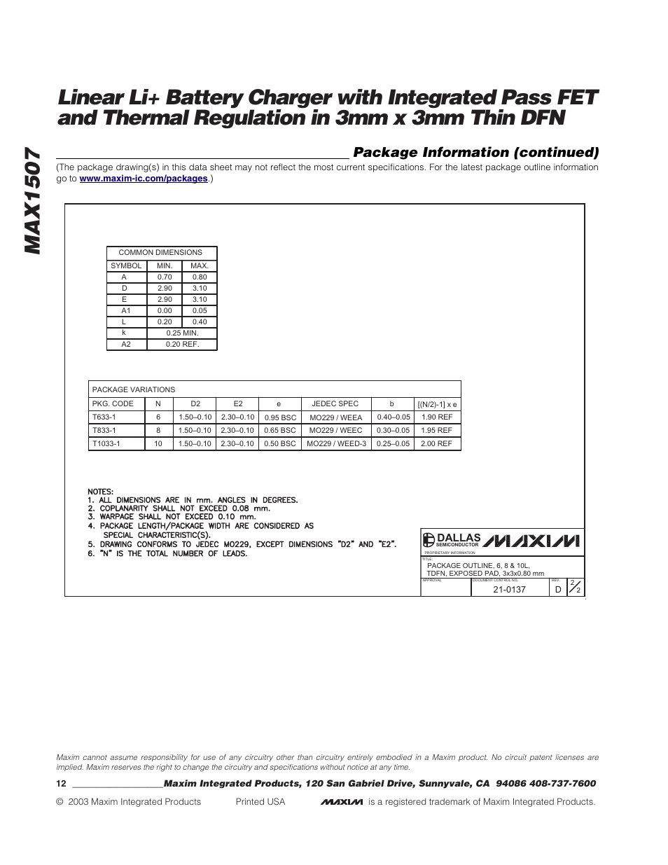Package information (continued), Dallas | Rainbow Electronics MAX1507 User Manual | Page 12 / 12
