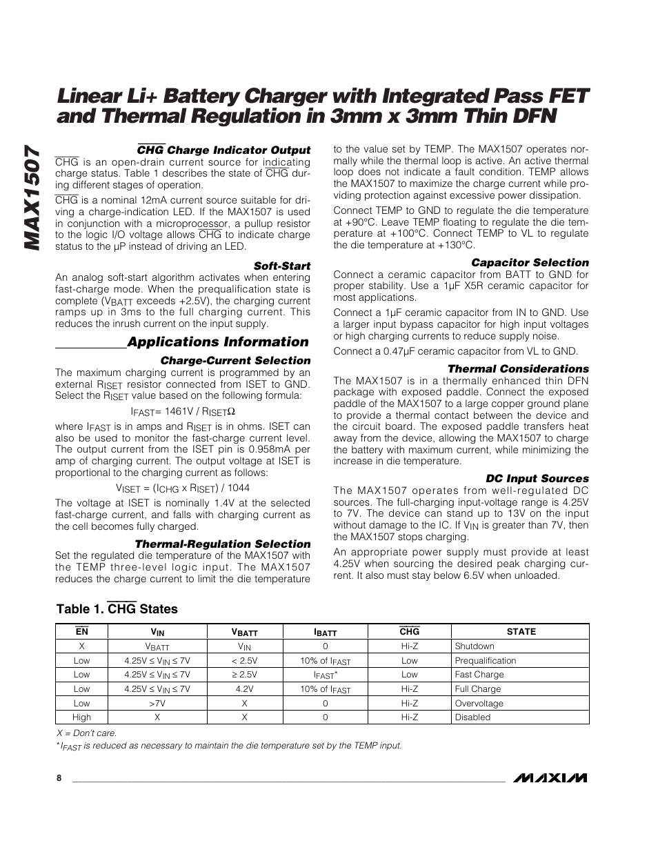 Applications information, Table 1. chg states | Rainbow Electronics MAX1507 User Manual | Page 8 / 12