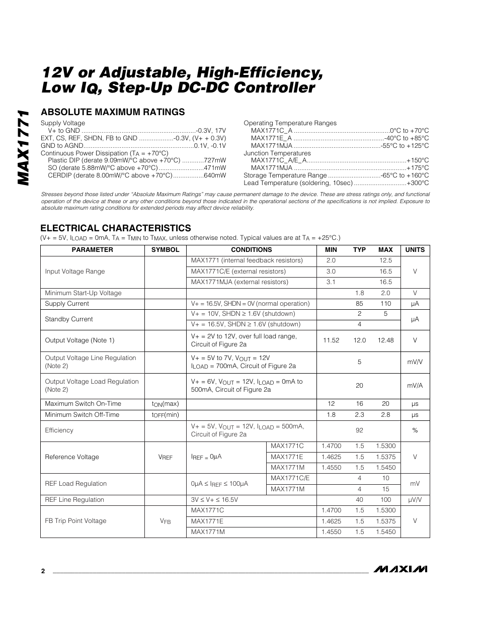 Step-up dc-dc controller, Absolute maximum ratings, Electrical characteristics | Rainbow Electronics MAX1771 User Manual | Page 2 / 16